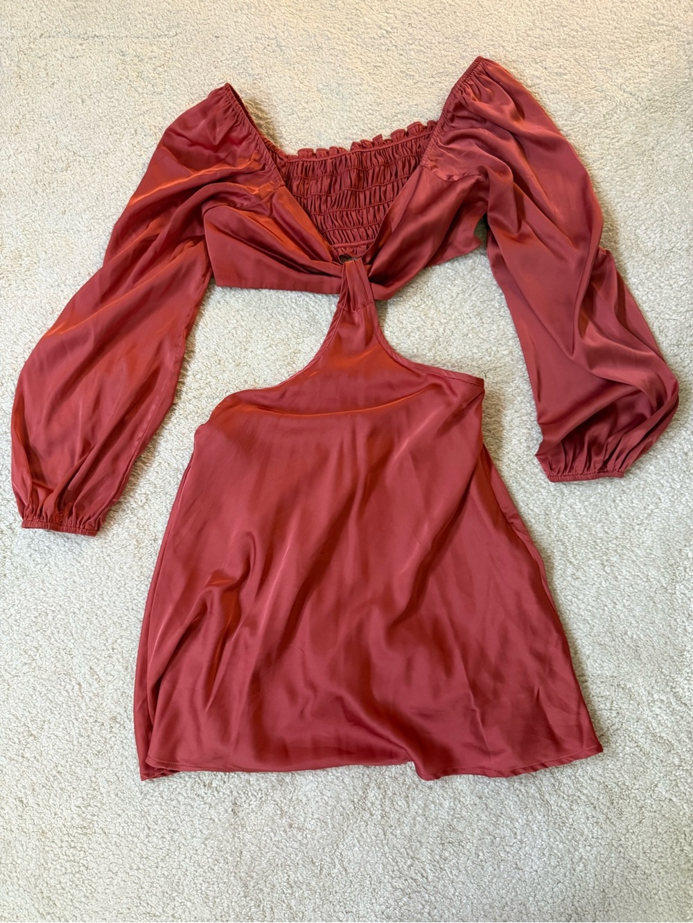 Princess Polly Rust Red Cutout Mini Dress with Long Puff Sleeves